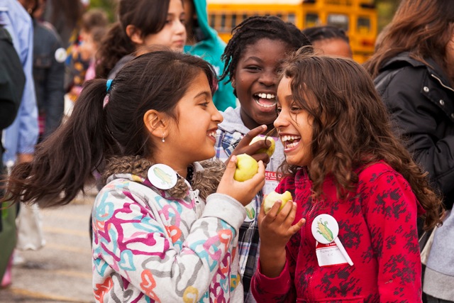 Students enjoy local apples at Eat in Ontario, a FoodShare Toronto food literacy event. Credit: Laura Berman/GreenFuse Photography.