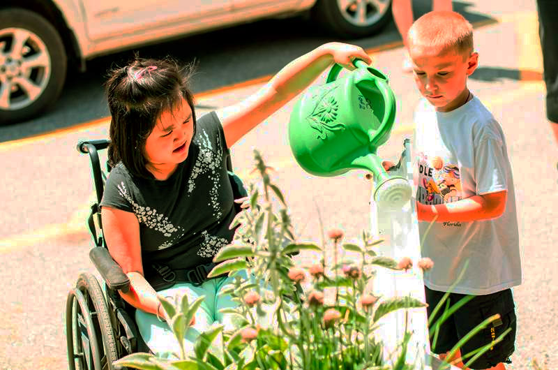Watering the Seeds for Change garden as a team at James Robinson PS. Credit: Lynne Koss.