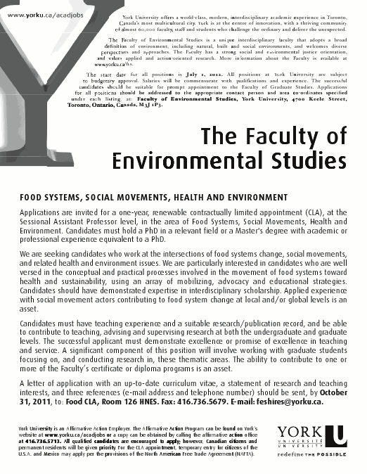 Job Opportunity Faculty of Environmental Studies, York University