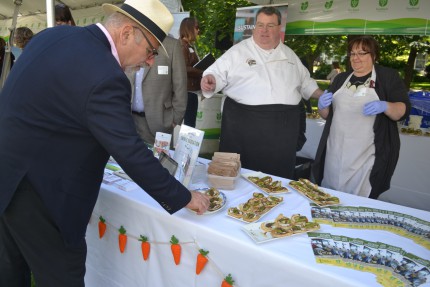 Chef Bruce Wood showcasing his delicious asparagus topped beer pancakes. Photo by Jessie Cowes